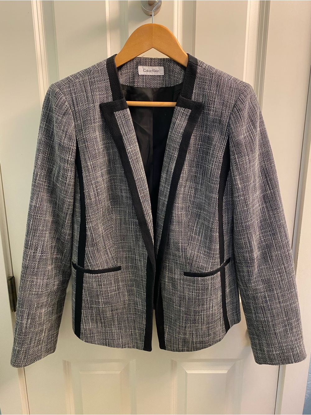 Calvin Klein Black and Gray Tweed Open-Front Blazer